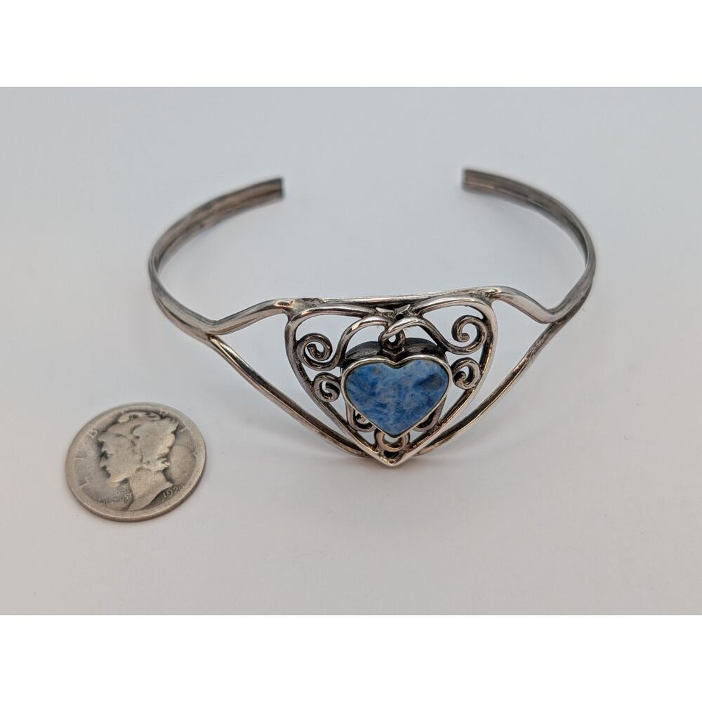 Sterling Silver 925 Bracelet Cuff Bracelet With Heart Shaped Sodalite Stone - Picture 3 of 5